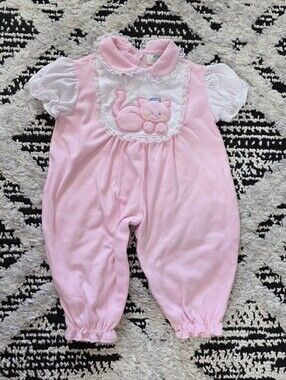 Tiny Tots Original Baby Girl Vintage Pink Kitty Short Sleeve Romper 6-9 mos.